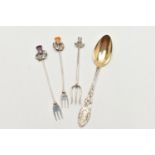 THREE PICKLE FORKS AND A SPOON, two silver Scottish pickle forks decorated with a thistle top,