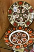 THREE IMARI STYLE TEA PLATES, comprising an Abbeydale Chrysanthemum plate, and two Burtondale plates