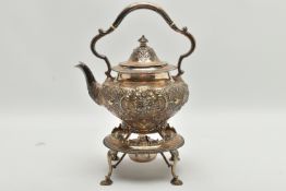 A VICTORIA I SILVER TEAPOT STAND AND SPIRIT KETTLE, acanthus and floral detail with ivory