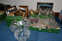 THREE BOXES OF GLASSWARE AND ORNAMENTS, to include a large cut glass basket, fruit bowl and vase,