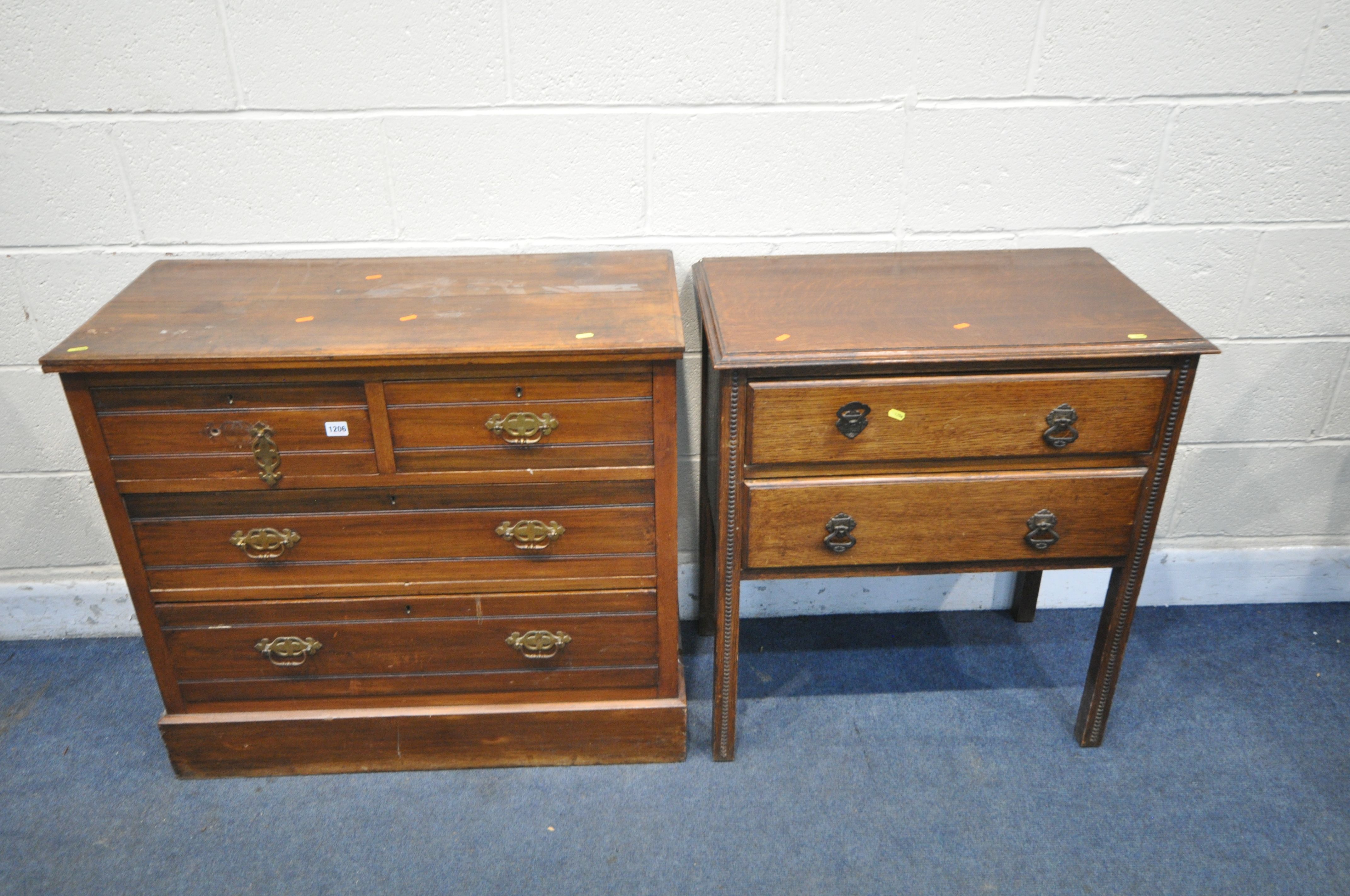 AN EDWARDIAN WALNUT CHEST OF TWO SHORT OVER TWO LONG DRAWERS, width 92cm x depth 43cm x height 83cm