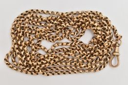 AN EARLY 20TH CENTURY LONGUARD CHAIN, a fancy link gold chain, fitted with a lobster clasp,