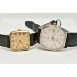 TWO OMEGA WRISTWATCHES, the first an Omega Geneve with a square face and black Roman numerals, to