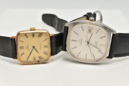 TWO OMEGA WRISTWATCHES, the first an Omega Geneve with a square face and black Roman numerals, to