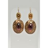 A PAIR OF VICTORIAN GARNET DROP EARRINGS, each of an oval form set with an oval cut garnet cabochon,