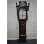 A GEORGIAN MAHOGANY 8 DAY LONG CASE CLOCK, the hood with brass finials over reeded pillars, flanking