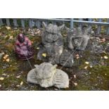 FOUR COMPOSITE GARDEN FIGURES OF A GROTESQUE, and a burgundy painted figure of a Buddha (5)