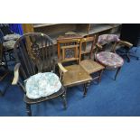 A STAINED BEECH BENTWOOD ARMCHAIR, along with an Edwardian walnut hall chair, and two other
