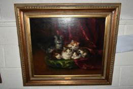 ALFRED ARTHUR BRUNEL DE NEUVILLE (FRENCH,1852-1941) FOUR KITTENS LYING ON A CUSHION AND CURTAIN, oil