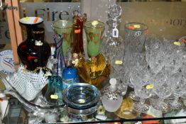A COLLECTION OF GLASSWARE, COLOURED AND CLEAR, including Murano style baluster vase, Tutbury Crystal