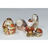 FIVE ROYAL CROWN DERBY PAPERWEIGHTS, comprising a King Charles Spaniel height 10cm, gold stopper (