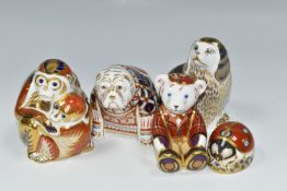FIVE ROYAL CROWN DERBY PAPERWEIGHTS, comprising a King Charles Spaniel height 10cm, gold stopper (