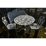 A WHITE PAINTED CAST ALUMINIUM FOUR PIECE BISTRO SET, comprising a circular table, with a wavy edge,