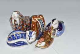 FIVE ROYAL CROWN DERBY PAPERWEIGHTS, comprising a Walrus (no stopper), a Derby Wren, signed in