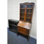 AN EARLY 20TH CENTURY CARVED OAK OPEN BOOKCASE, width 87cm x depth 28cm x height 93cm, and an