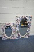A FABRIC FRAMED WALL MIRROR, the frame decorated with various scenes, label attached reading,