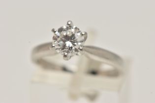 A SINGLE STONE DIAMOND RING, round brilliant cut diamond, six prong set in a platinum mount, diamond