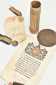 A WWI DEATH PLAQUE AND OTHER ITEMS, a WWI death plaque for James McNeish, together with two medals