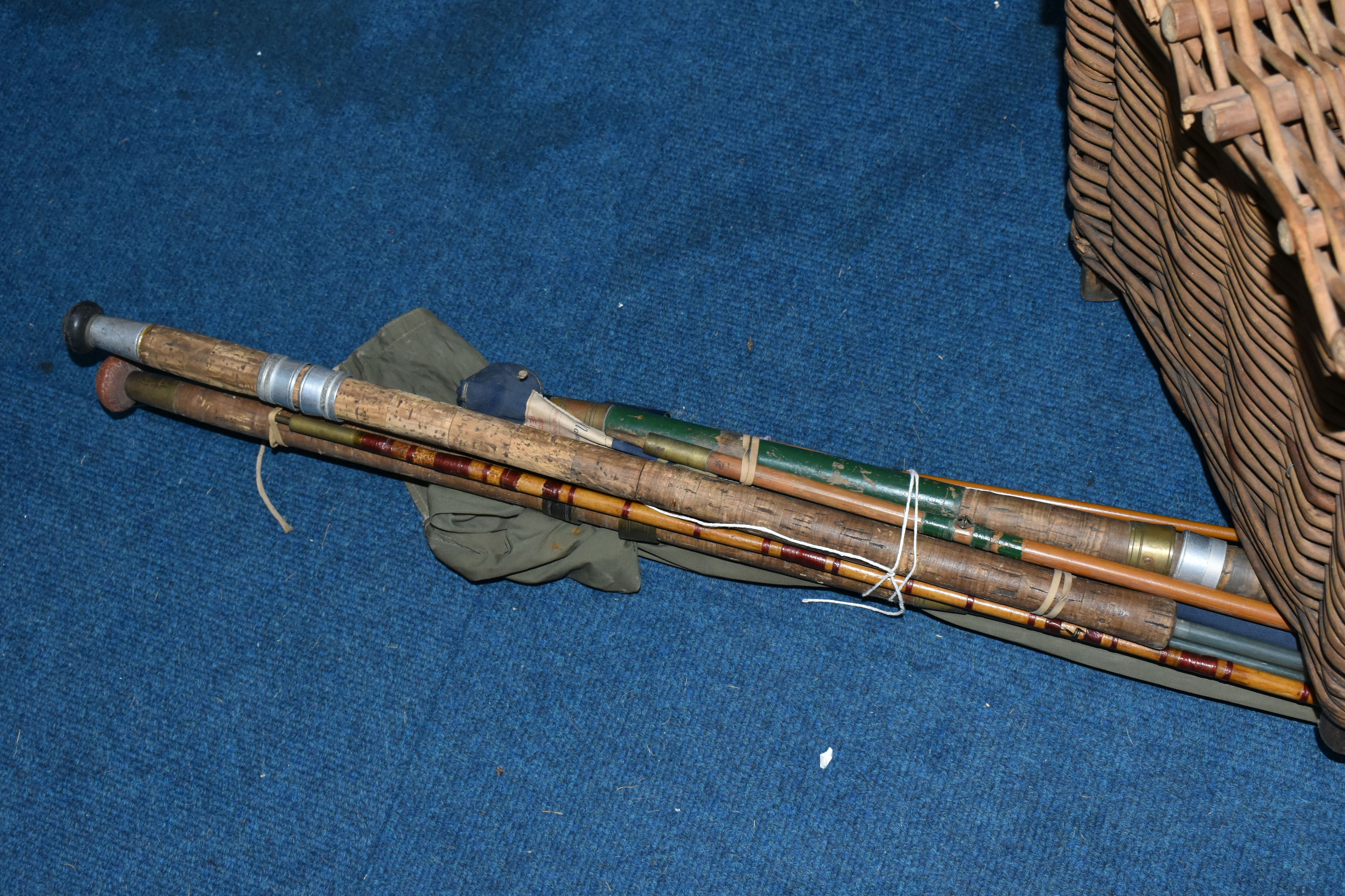 TWO WICKER FISHING BASKETS AND A GROUP OF VINTAGE FISHING RODS AND REELS, comprising two hinged - Image 5 of 6