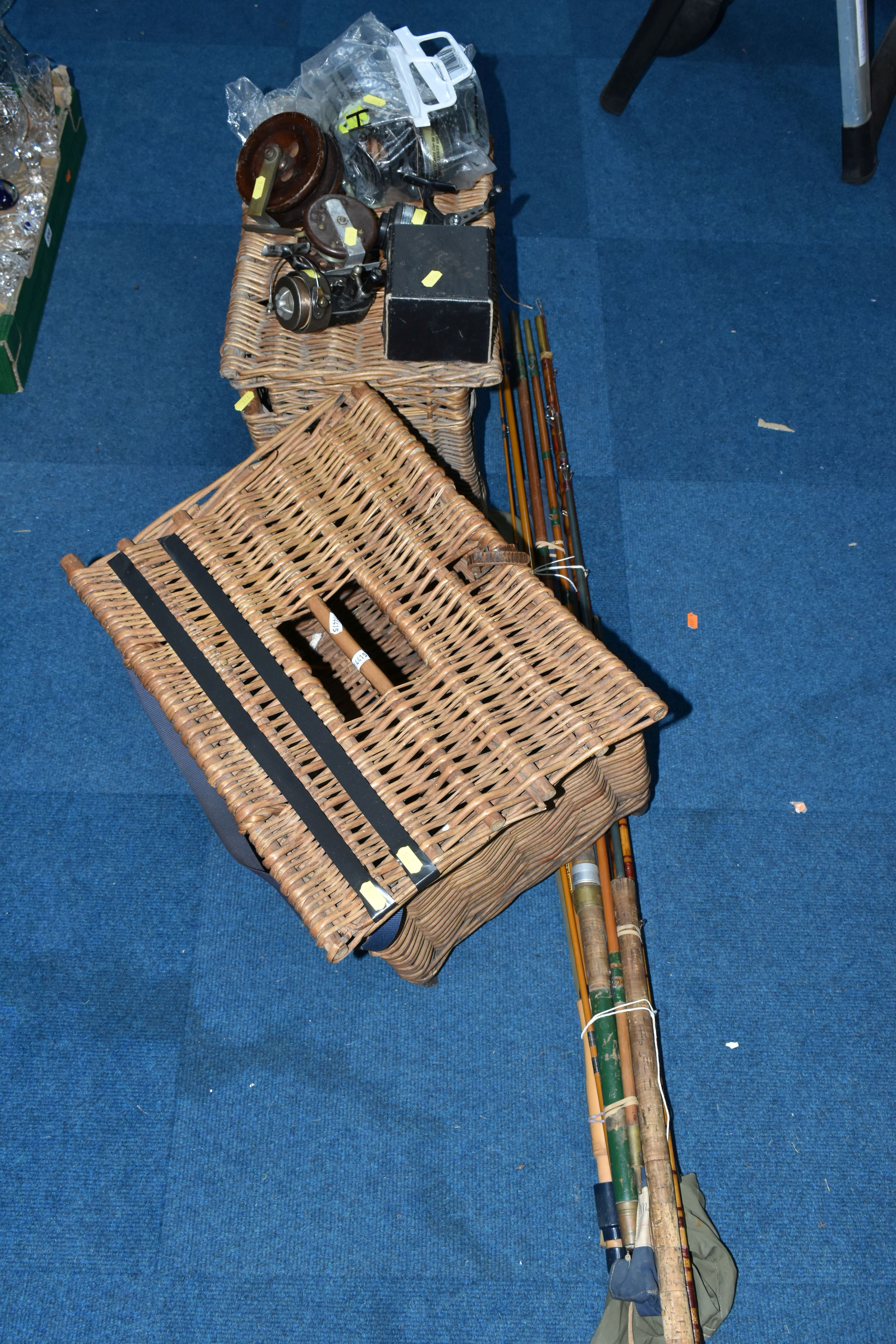 TWO WICKER FISHING BASKETS AND A GROUP OF VINTAGE FISHING RODS AND REELS, comprising two hinged - Image 2 of 6