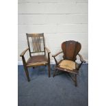 AN OAK GOTHIC OPEN ARMCHAIR, with a rush seat, along with a Heals of London style open armchair (