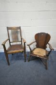 AN OAK GOTHIC OPEN ARMCHAIR, with a rush seat, along with a Heals of London style open armchair (
