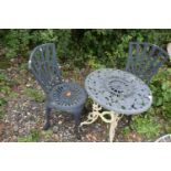 A GREY AND CREAM PAINTED ALUMINIUM THREE PIECE BISTRO SET, comprising a circular table, with pierced