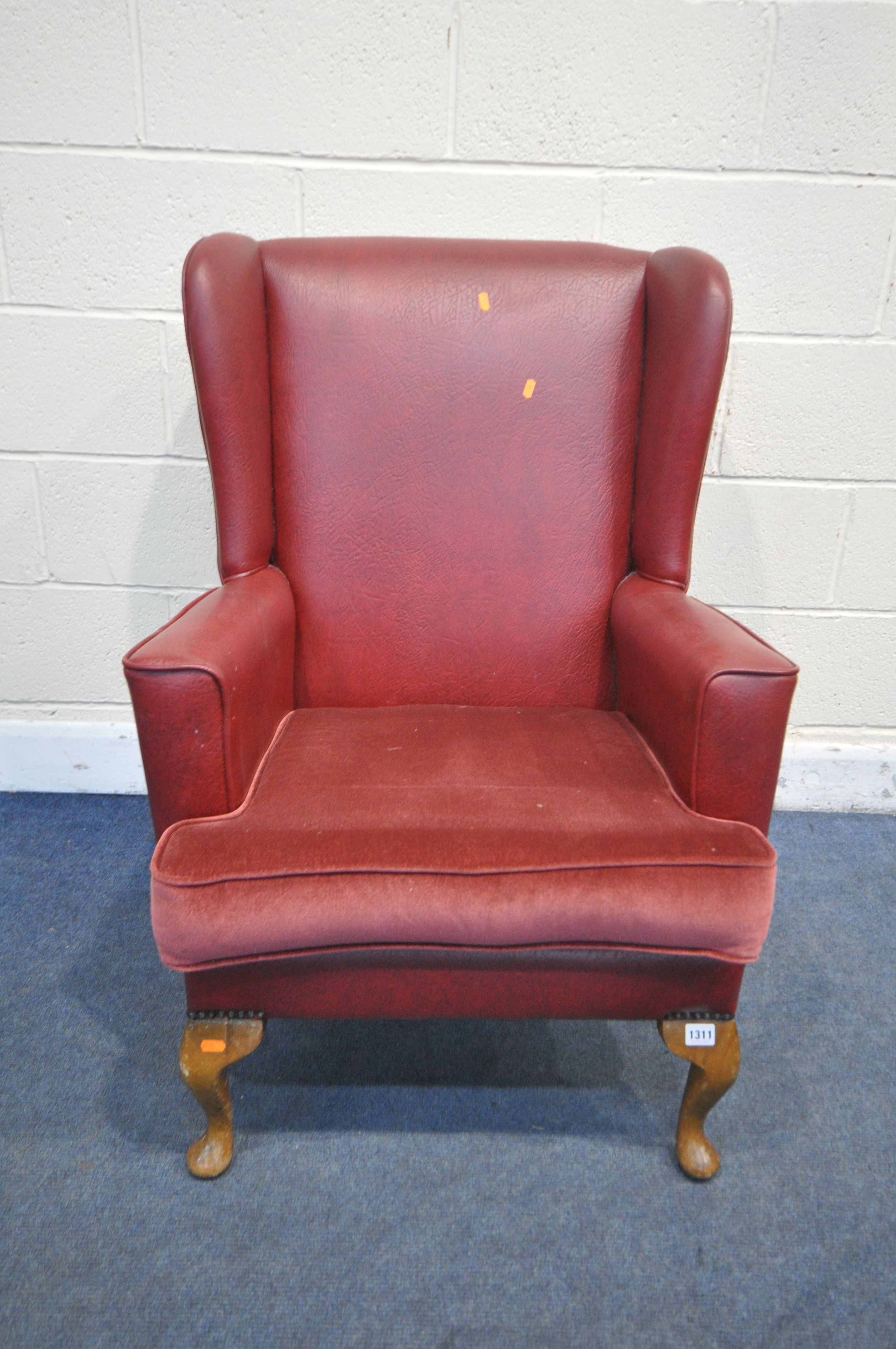A RED LEATHERETTE WING BACK, with a fabric cushion, on beech cabriole legs - Image 2 of 2