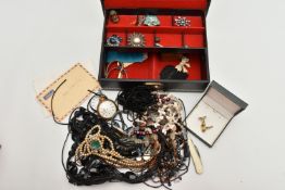 A BOX OF ASSORTED ITEMS, to include a black jewellery box with costume jewellery, an Ingersoll Ltd