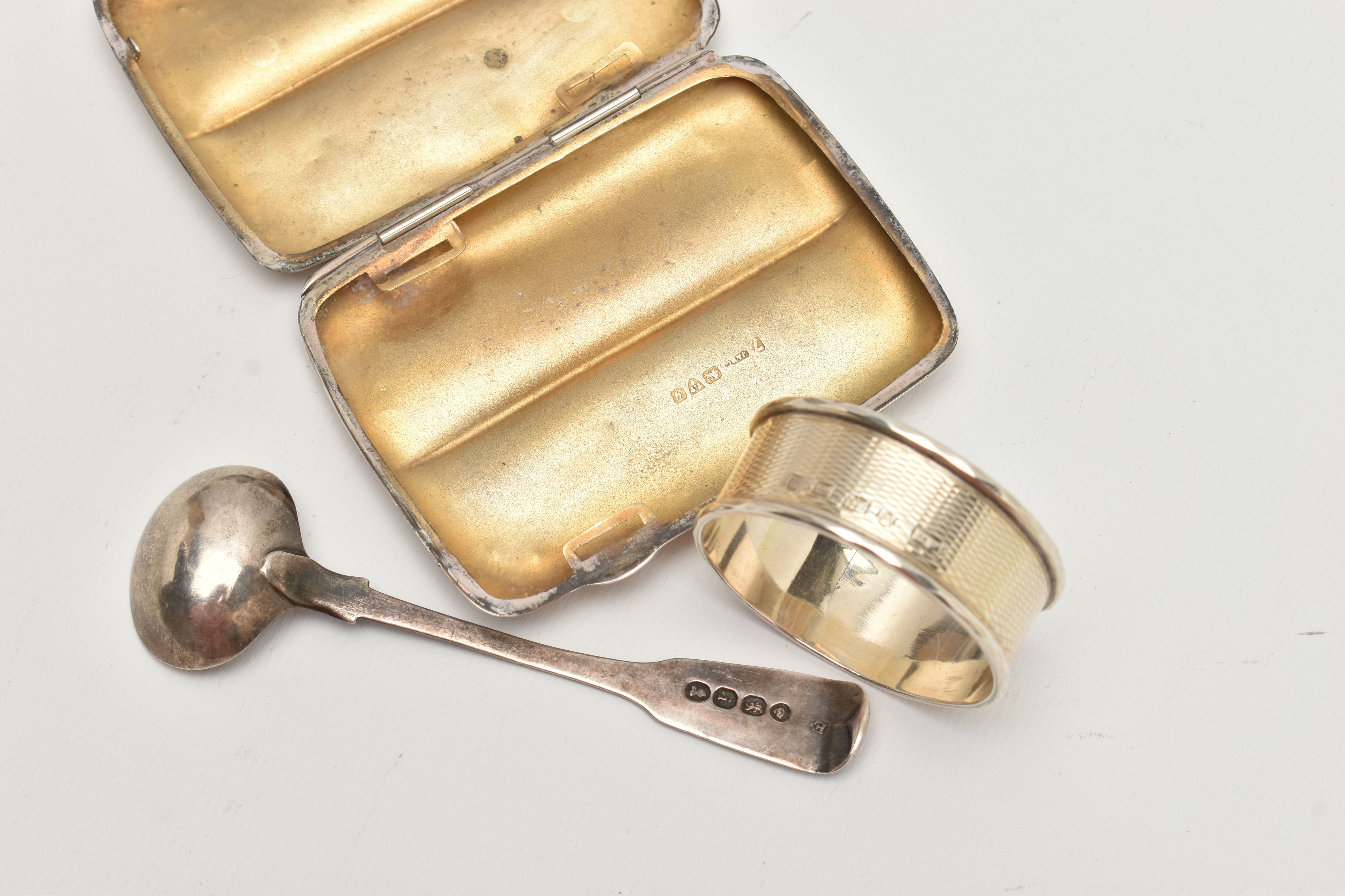 A SMALL ASSORTMENT OF SILVER ITEMS, to include a silver cigarette case, engraved with foliate - Image 2 of 2