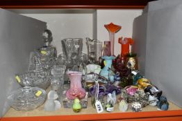A GROUP OF CUT CRYSTAL AND COLOURED GLASSWARE, comprising a clear glass Baccarat dolphin supported