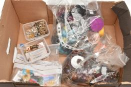 A BOX OF ASSORTED COSTUME JEWELLERY, to include a selection of beaded necklaces, brooches, pins