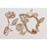 A CHARM BRACELET, TWO PENDANTS AND A CHAIN, the silver curb link bracelet, fitted with six charms in