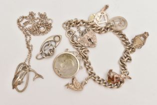 A CHARM BRACELET, TWO PENDANTS AND A CHAIN, the silver curb link bracelet, fitted with six charms in