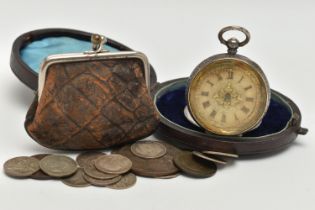 AN OPEN FACE POCKET WATCH AND ASSORTMENT OF COINS, key wound movement, floral dial, Roman