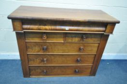 A VICTORIAN FLAME MAHOGANY SCOTTISH CHEST OF TWO SHORT OVER FOUR LONG DRAWERS, with turned