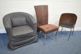 A MODERN UPHOLSTERED TUB CHAIR, a corner chair and another chair (condition report) (3)