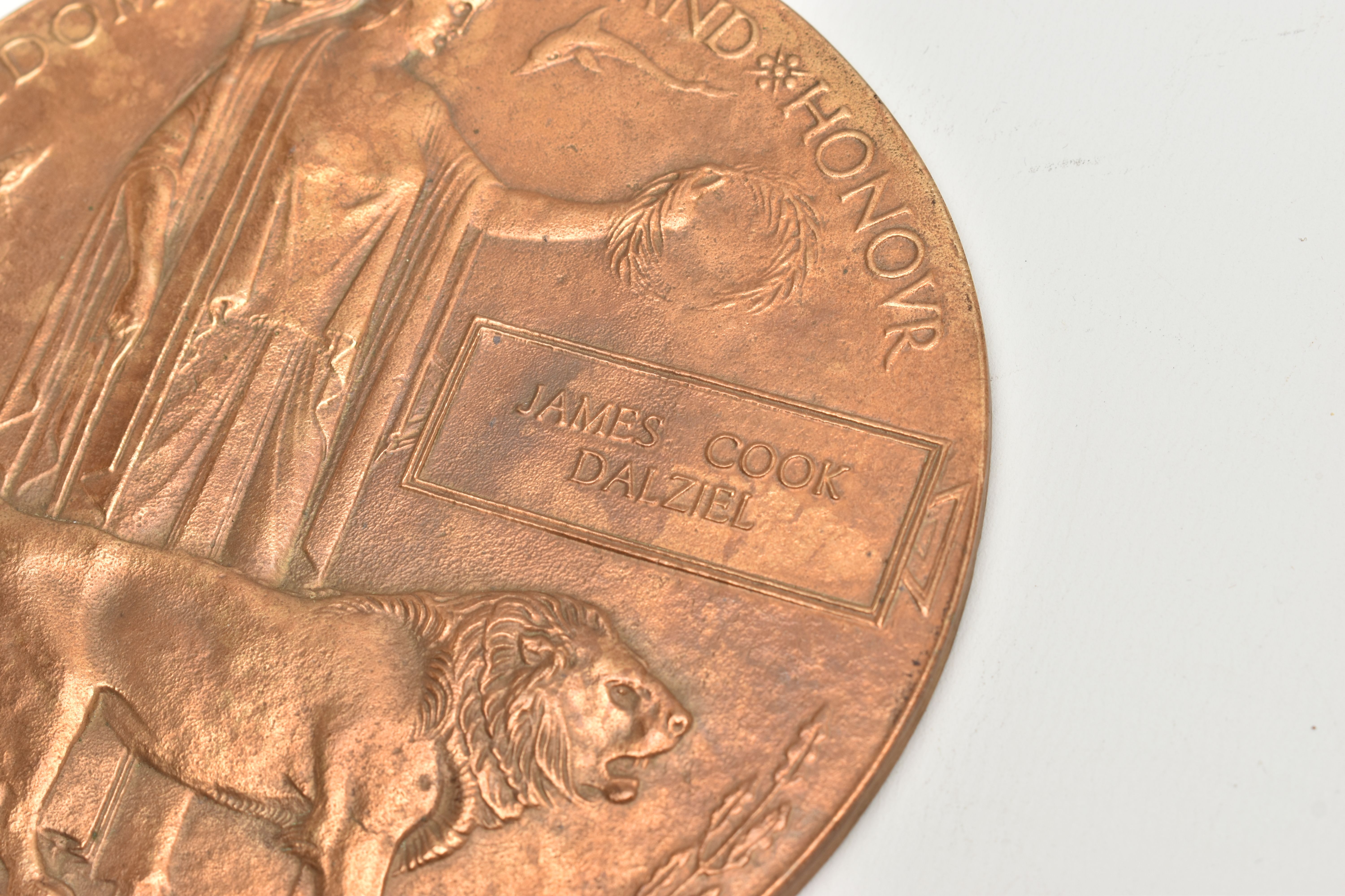 A WWI DEATH PLAQUE, bronze plaque dedicated to James Cook Daiziel, - Image 2 of 2