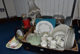 TWO BOXES AND LOOSE CERAMICS AND GLASS WARES, to include a Le Creuset 'Poterie' deep rectangular