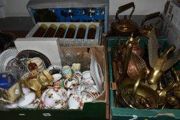 THREE BOXES AND LOOSE CERAMICS, GLASS AND METAL WARES, to include three copper and brass kettles,