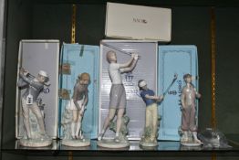 FIVE BOXED LLADRO AND NAO GOLFER FIGURES, comprising four Lladro figures: Golfer no 4824, sculptor