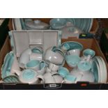 TWO BOXES OF POOLE POTTERY TWINTONE DINNERWARE IN ICE GREEN AND SEAGULL, approximately ninety five