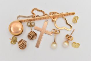ASSORTED JEWELLERY, to include a yellow metal cross pendant, stamped 9ct, a pair of cultured pearl