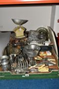 TWO BOXES OF METALWARE, to include an arts and crafts style Craftsman pewter vase, four pewter