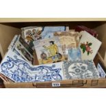 ONE BOX OF DECORATIVE CERAMIC TILES, to include a small blue and white tile possibly 18th century