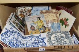 ONE BOX OF DECORATIVE CERAMIC TILES, to include a small blue and white tile possibly 18th century