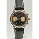 A CHROME PLATED HAND WOUND ORIOSA TWIN DIAL CHRONOGRAPH WRISTWATCH, black dial with discoloured