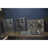 A SELECTION OF VINTAGE DJs SPEAKERS AND POWER AMPLIFIERS comprising of two three way cabinet