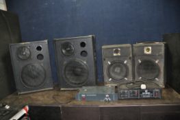 A SELECTION OF VINTAGE DJs SPEAKERS AND POWER AMPLIFIERS comprising of two three way cabinet