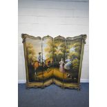 A 18TH CENTURY STYLE FRENCH HAND PAINTED FOUR PANEL SCREEN/ROOM DIVIDER, of a rider on a horse
